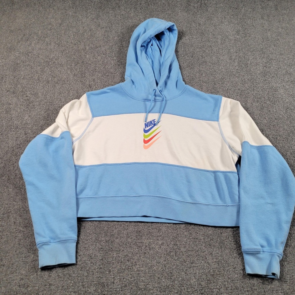 Nike Hoodie Womens Small Blue Colorblock Cropped Fleece Pullover Logo Sweatshirt